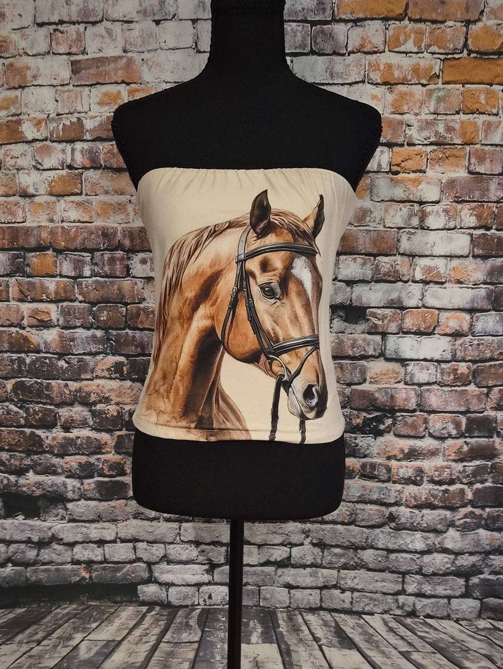 Beige Horse-Print Strapless Crop Top